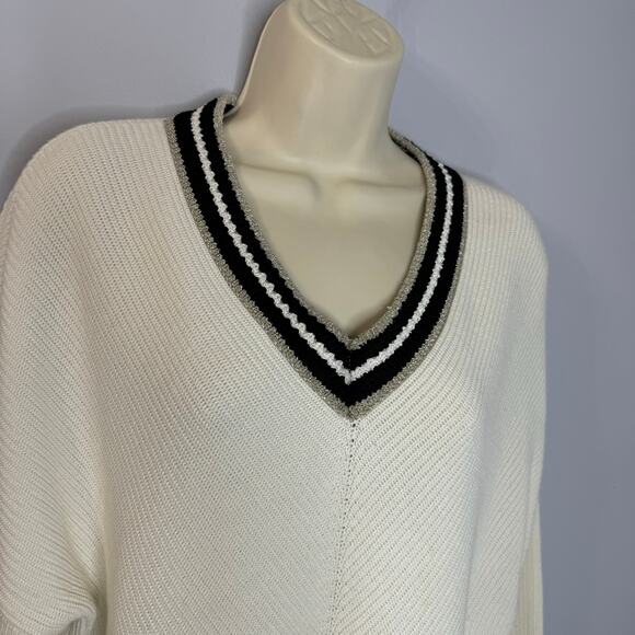 Maje Meteo Ribbed V Neck Sweater Tennis Preppy Cotton Off White Sz 3 Large - Picture 8 of 13